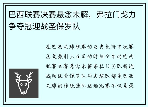 巴西联赛决赛悬念未解，弗拉门戈力争夺冠迎战圣保罗队