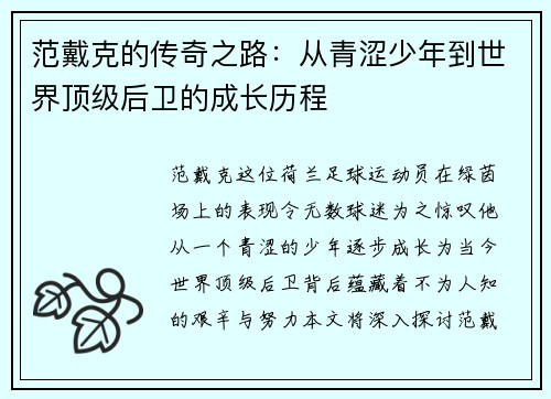 范戴克的传奇之路：从青涩少年到世界顶级后卫的成长历程
