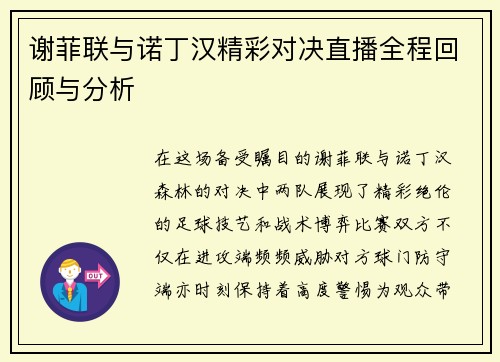 谢菲联与诺丁汉精彩对决直播全程回顾与分析