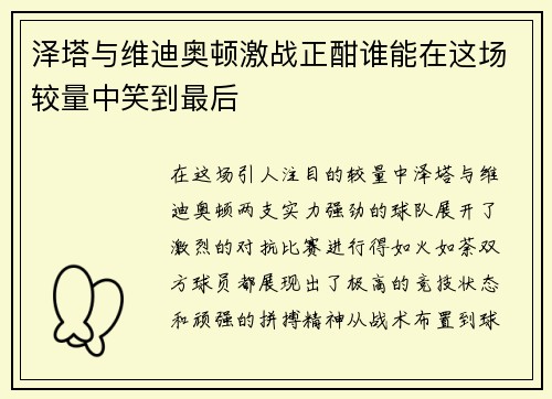 泽塔与维迪奥顿激战正酣谁能在这场较量中笑到最后