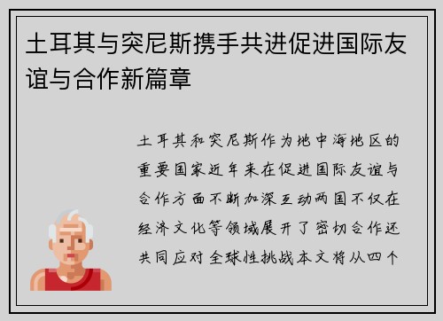 土耳其与突尼斯携手共进促进国际友谊与合作新篇章