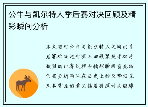 公牛与凯尔特人季后赛对决回顾及精彩瞬间分析
