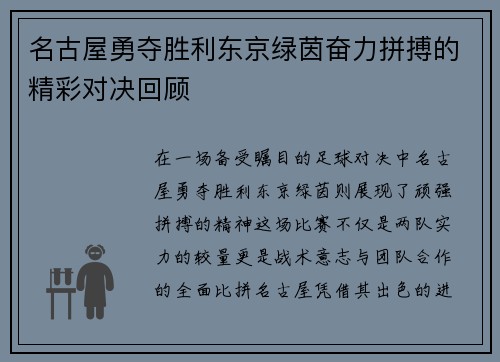 名古屋勇夺胜利东京绿茵奋力拼搏的精彩对决回顾