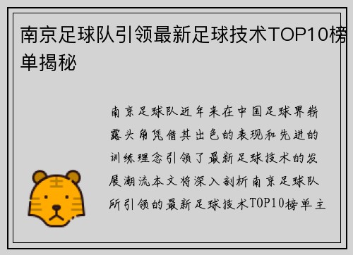 南京足球队引领最新足球技术TOP10榜单揭秘
