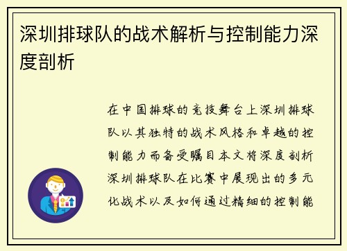 深圳排球队的战术解析与控制能力深度剖析