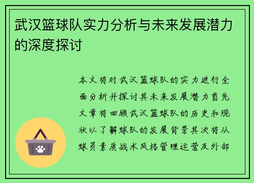 武汉篮球队实力分析与未来发展潜力的深度探讨