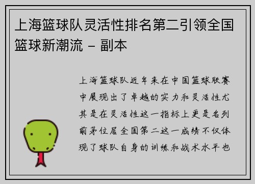 上海篮球队灵活性排名第二引领全国篮球新潮流 - 副本