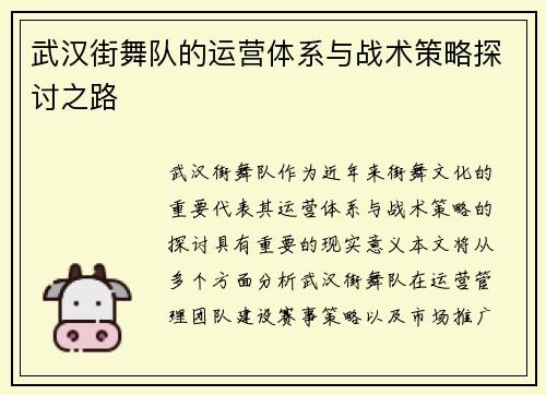 武汉街舞队的运营体系与战术策略探讨之路