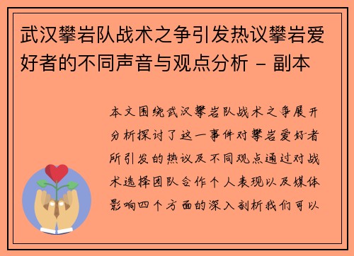武汉攀岩队战术之争引发热议攀岩爱好者的不同声音与观点分析 - 副本