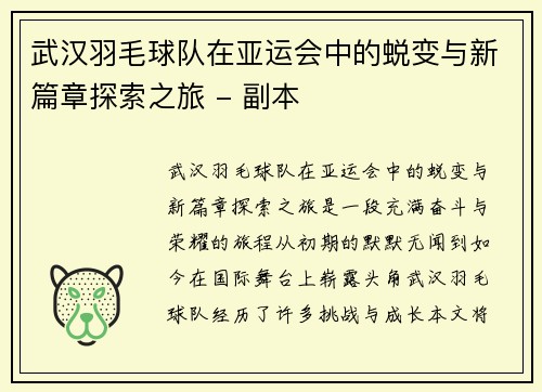 武汉羽毛球队在亚运会中的蜕变与新篇章探索之旅 - 副本